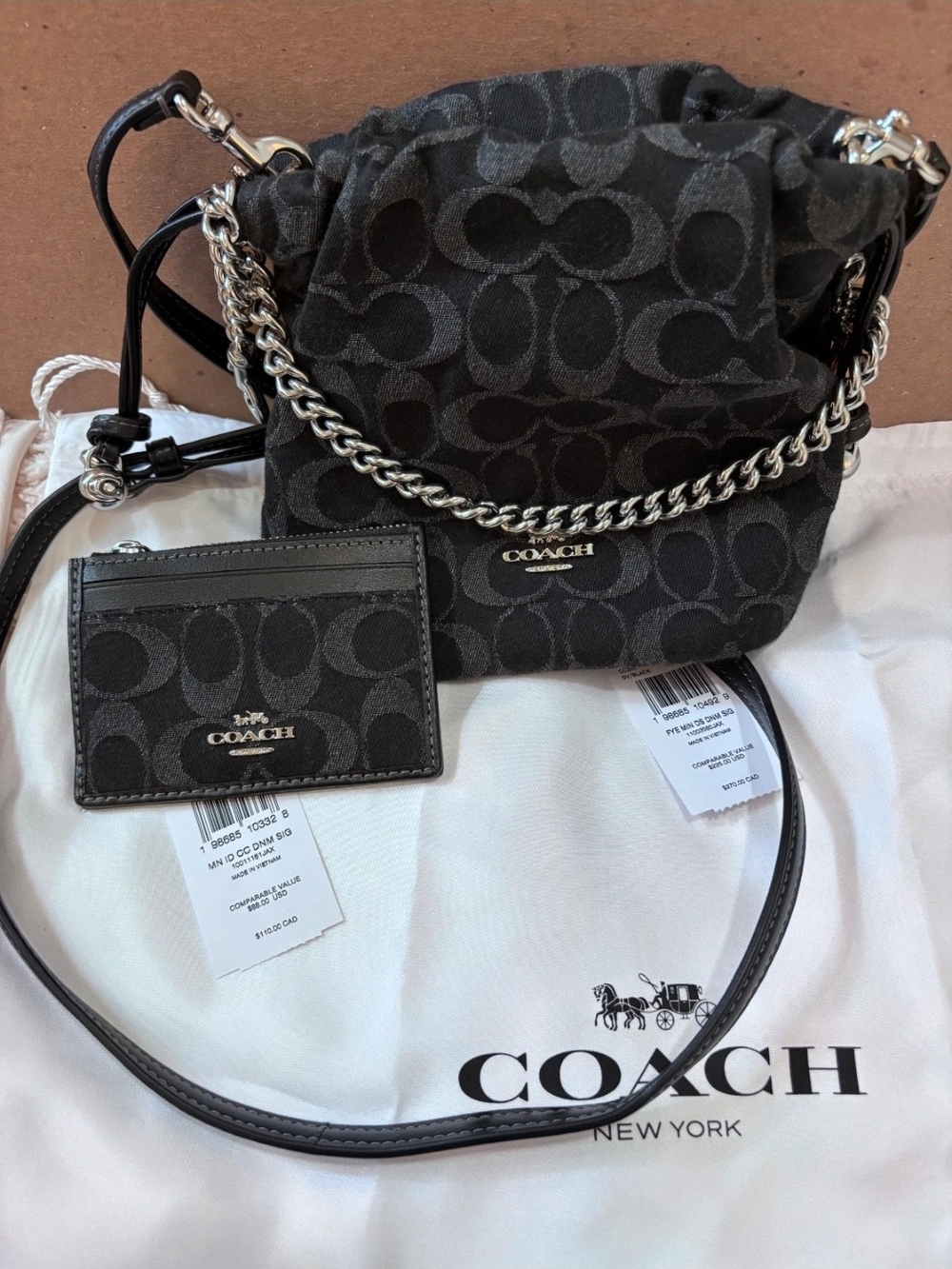 COACH Black Signature Canvas Drawstring Shoulder Bag with Card Case
